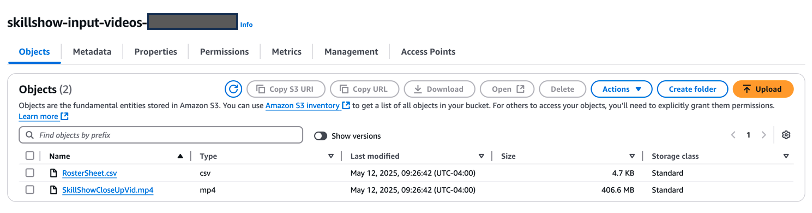 Hyperedge- , PCB Design, Hardware Design, Electronics Design, Amazon S3 management console showing two files in skillshow-input-videos bucket with metadata and actions