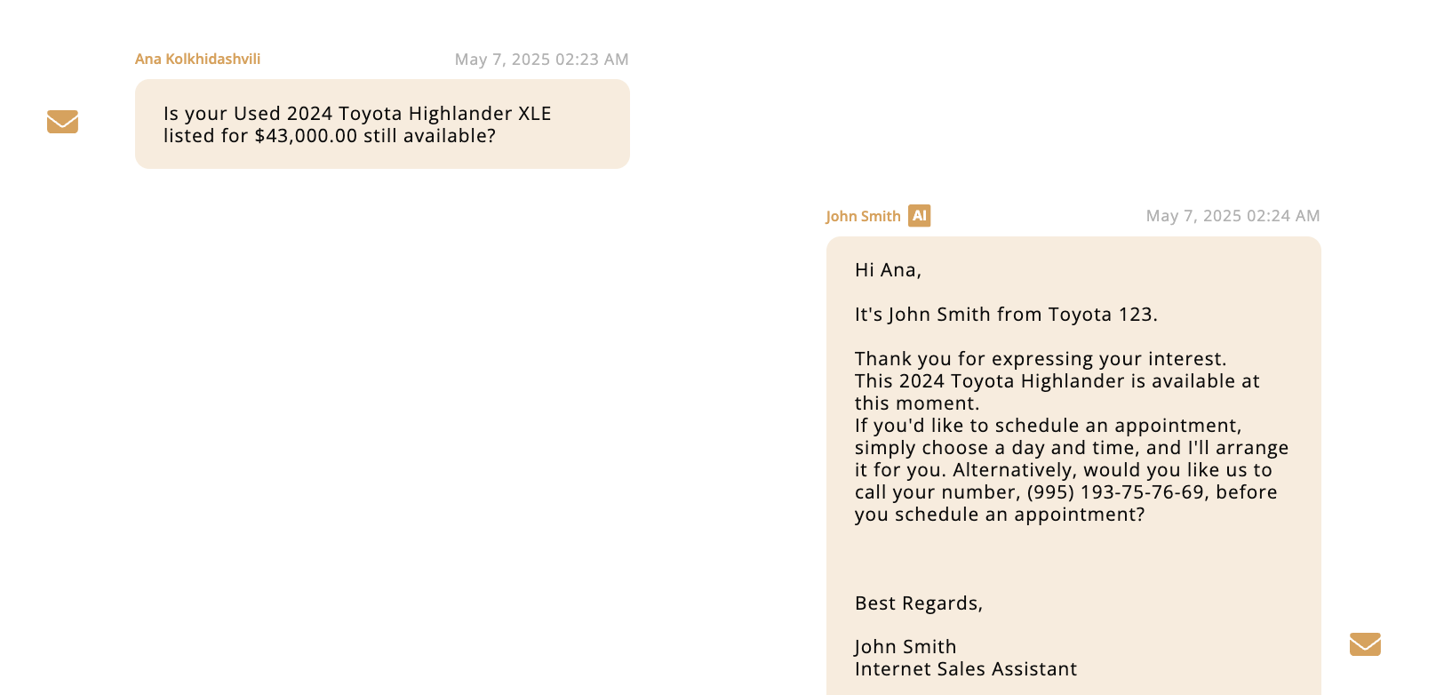 Customer service interaction showing automated dealership response offering appointment scheduling for Toyota Highlander XLE