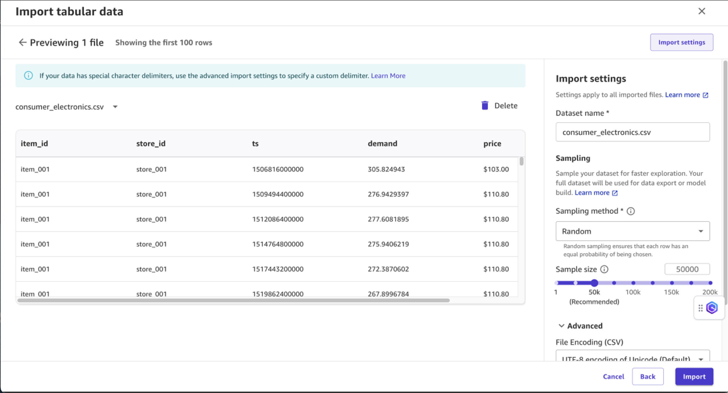 Import tabular data screen with sampling methods and sampling size