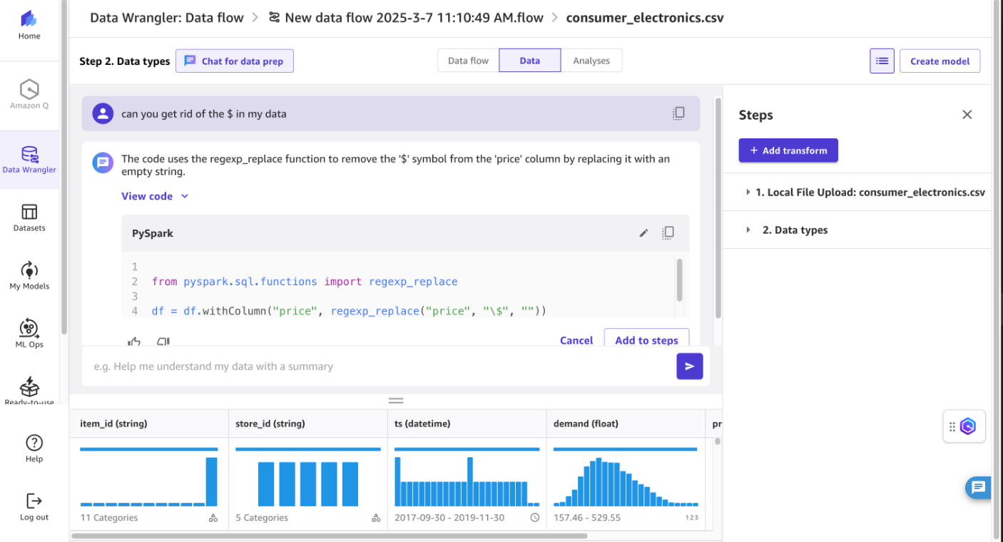 Chat for data prep options