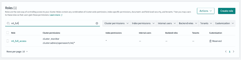 OpenSearch roles management screen with filtered view of ML full access role, showing detailed permissions and reserved status
