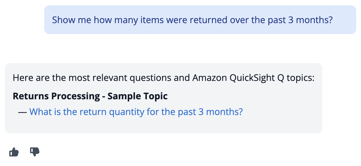 Hyperedge- , PCB Design, Hardware Design, Electronics Design, Screenshot of RRDA interface showing a user query "Show me how many items were returned over the past 3 months?" with the system's response recommending relevant Amazon QuickSight topics. The response suggests "Returns Processing - Sample Topic" with a specific question link "What is the return quantity for the past 3 months?" Thumbs up and thumbs down feedback buttons appear at the bottom of the response.