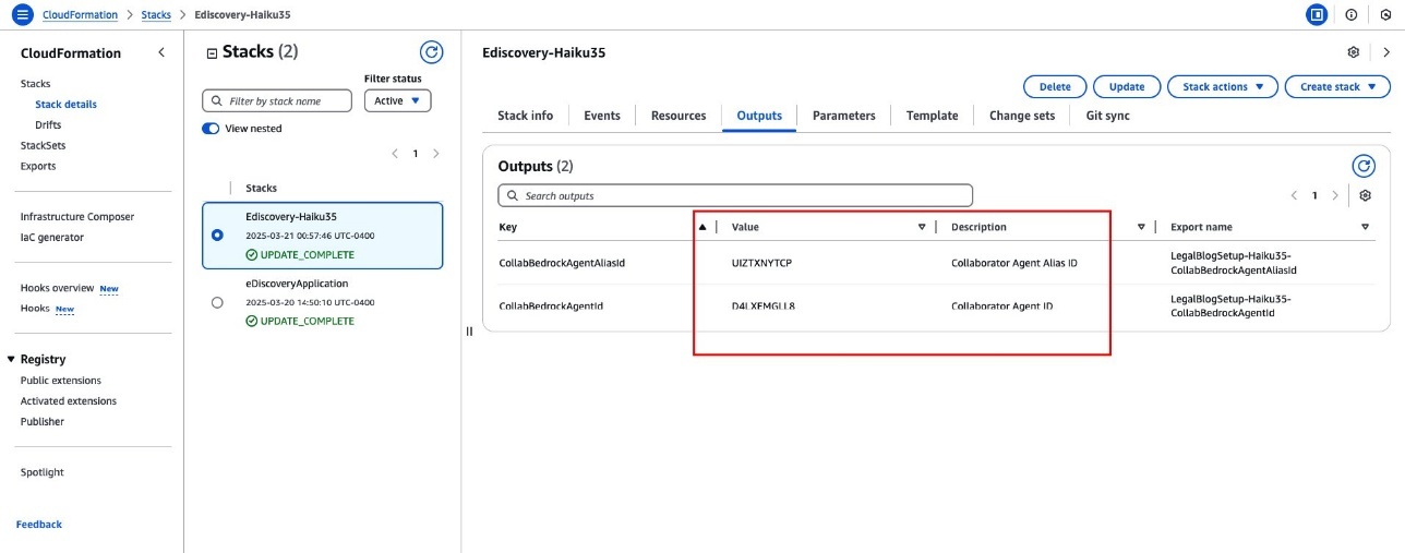 Hyperedge- , PCB Design, Hardware Design, Electronics Design, AWS CloudFormation stack outputs showing Bedrock agent configuration details