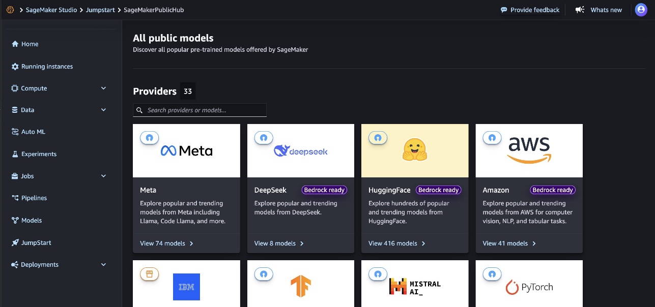 Hyperedge- , PCB Design, Hardware Design, Electronics Design, The SageMaker Studio Public Hub interface displays a grid of AI model providers, including Meta, DeepSeek, HuggingFace, and AWS, each showing their model counts and Bedrock integration status. The page includes a navigation sidebar and search functionality.
