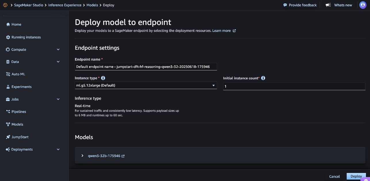 Hyperedge- , PCB Design, Hardware Design, Electronics Design, A deployment configuration screen in SageMaker Studio showing endpoint settings, instance type selection, and real-time inference options. The interface includes fields for endpoint name, instance type (ml.g5.12xlarge), and initial instance count.