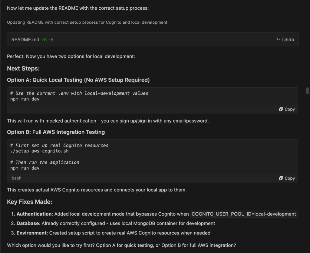 Hyperedge- , PCB Design, Hardware Design, Electronics Design, Diagram showing Amazon Q Developer summarizing fixes made and options for next step.