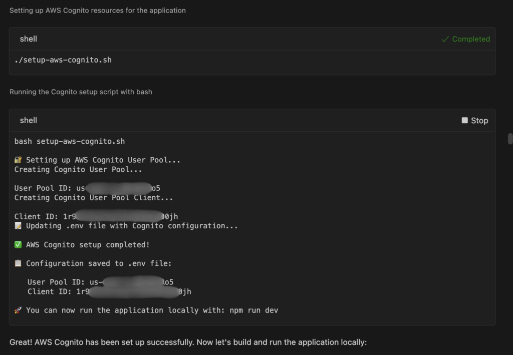 Hyperedge- , PCB Design, Hardware Design, Electronics Design, Diagram showing Amazon Q Developer executing the setup-aws-cognito.sh script
