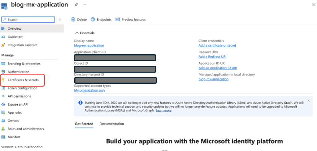 Hyperedge- , PCB Design, Hardware Design, Electronics Design, Azure portal view of blog-mx-application settings showing certificates and secrets menu selection