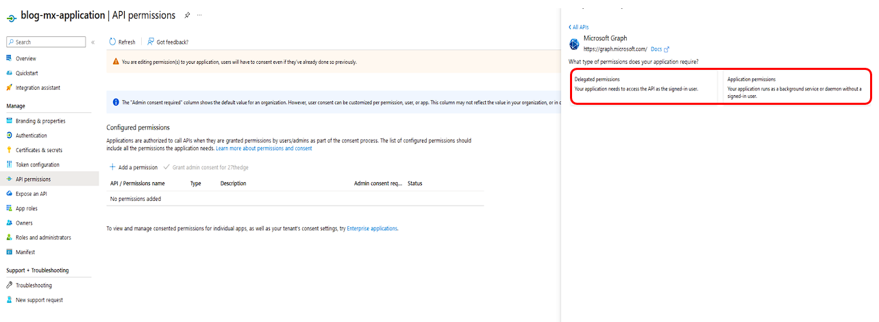 Hyperedge- , PCB Design, Hardware Design, Electronics Design, API permissions configuration page showing Microsoft Graph integration settings