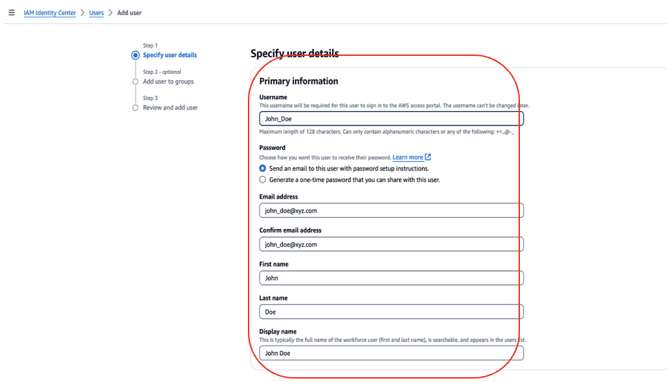 Hyperedge- , PCB Design, Hardware Design, Electronics Design, IAM user creation form showing primary information fields including username and email address