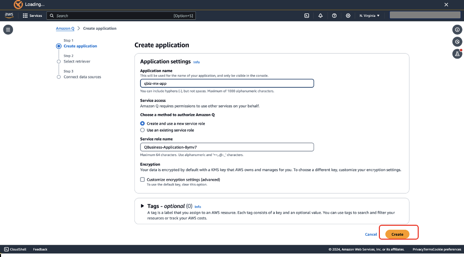 Hyperedge- , PCB Design, Hardware Design, Electronics Design, Amazon Q application creation form showing basic settings configuration