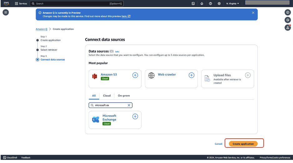Hyperedge- , PCB Design, Hardware Design, Electronics Design, AWS Q data source configuration screen showing Amazon S3, Web crawler, and Microsoft Exchange connection options
