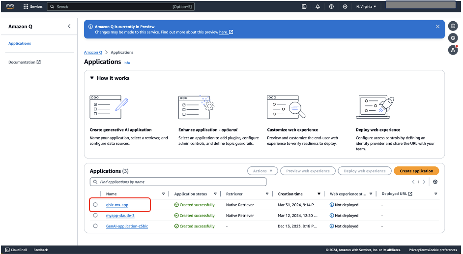Hyperedge- , PCB Design, Hardware Design, Electronics Design, AWS Q Applications dashboard showing workflow steps and list of existing applications