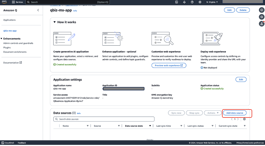 Hyperedge- , PCB Design, Hardware Design, Electronics Design, AWS Q application details page showing workflow steps and configuration settings for qbiz-mx-app
