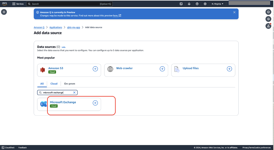 Hyperedge- , PCB Design, Hardware Design, Electronics Design, AWS Q Add data source interface showing available connection options including Microsoft Exchange