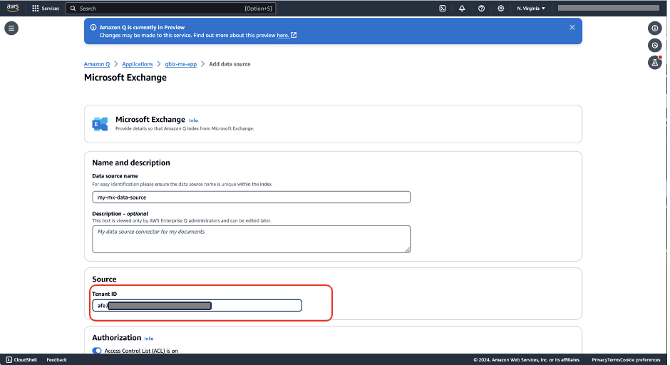 Hyperedge- , PCB Design, Hardware Design, Electronics Design, Microsoft Exchange configuration form in AWS Q showing name, description, and authorization fields