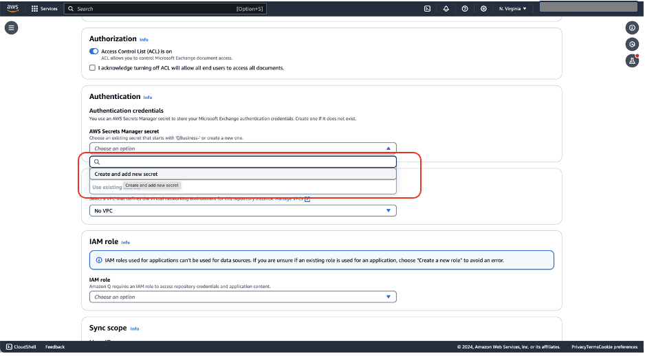 Hyperedge- , PCB Design, Hardware Design, Electronics Design, AWS console showing authentication settings with secrets manager dropdown menu highlighted