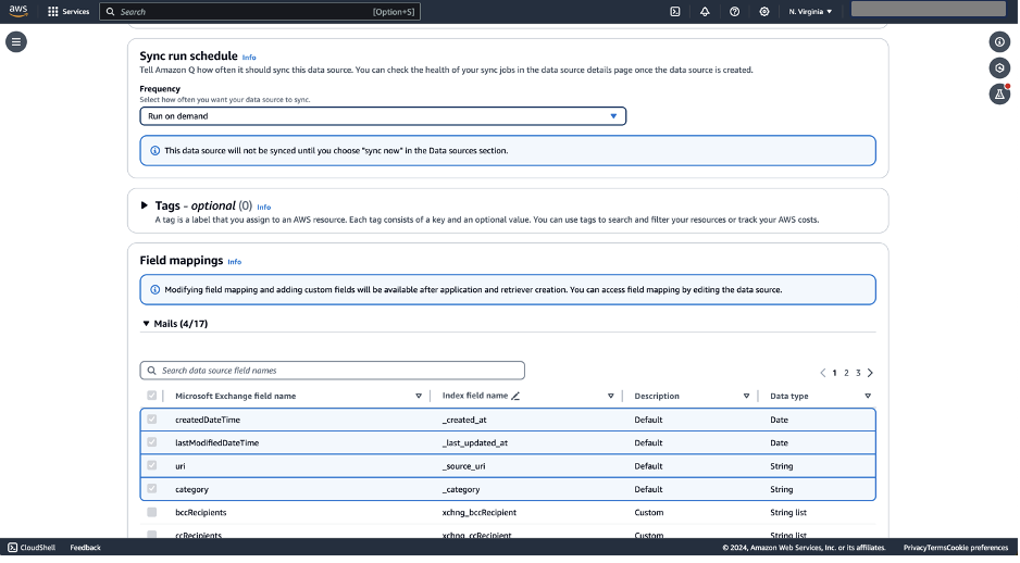 Hyperedge- , PCB Design, Hardware Design, Electronics Design, AWS console showing sync schedule and field mapping configuration