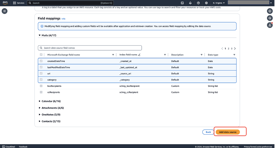 Hyperedge- , PCB Design, Hardware Design, Electronics Design, Field mapping interface showing Microsoft Exchange email fields matched to index fields in AWS