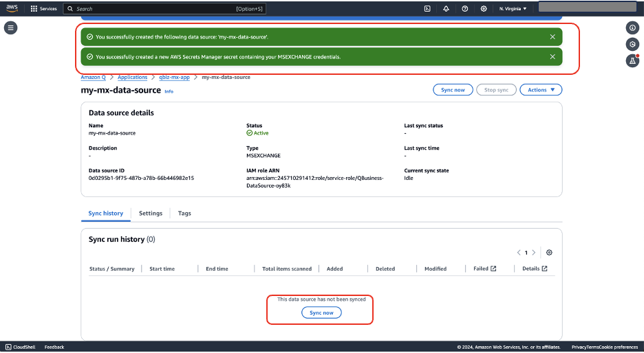 Hyperedge- , PCB Design, Hardware Design, Electronics Design, AWS data source details page showing newly created Microsoft Exchange connection with success messages