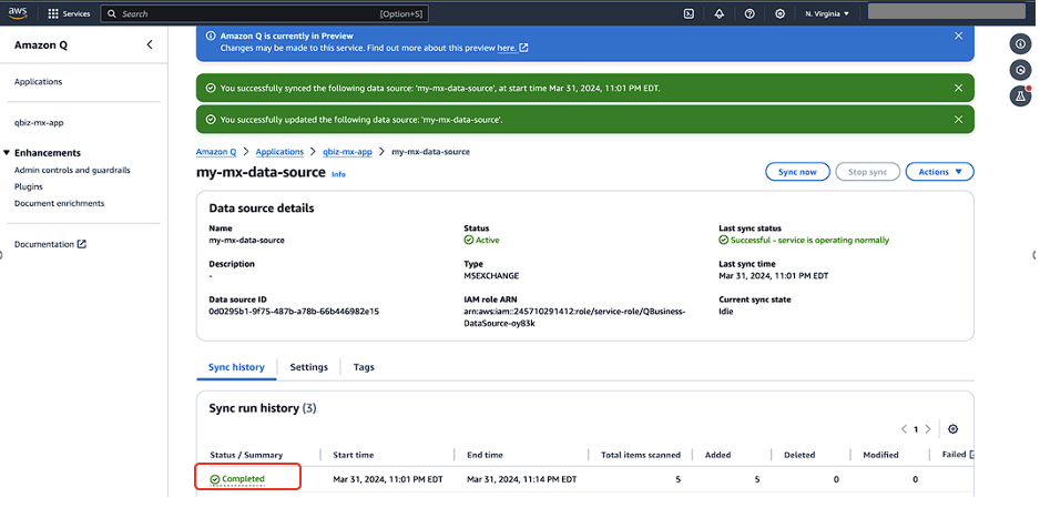 Hyperedge- , PCB Design, Hardware Design, Electronics Design, AWS Amazon Q data source page showing successful sync completion with 5 items processed