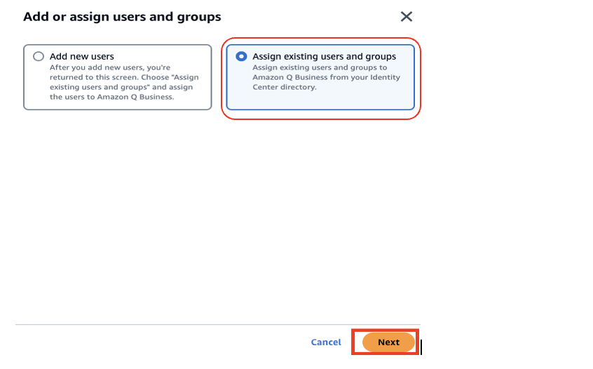 Hyperedge- , PCB Design, Hardware Design, Electronics Design, Dialog box with options to add new users or assign existing users to Amazon Q Business