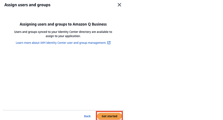 Hyperedge- , PCB Design, Hardware Design, Electronics Design, Dialog box for assigning users and groups to Amazon Q Business with Get Started button