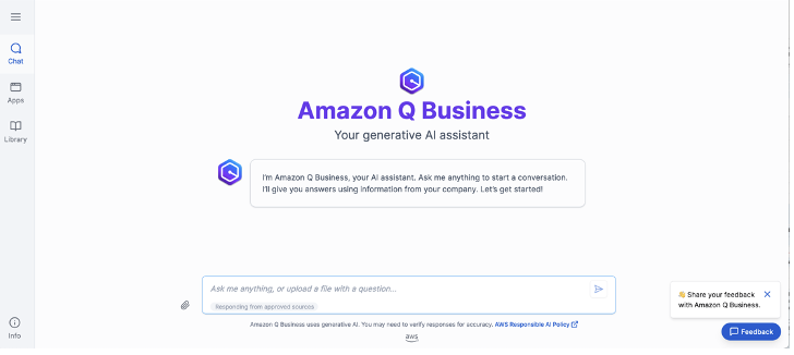 Hyperedge- , PCB Design, Hardware Design, Electronics Design, Amazon Q Business chat interface showing welcome message and input field for questions