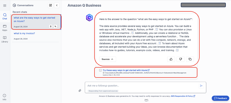 Hyperedge- , PCB Design, Hardware Design, Electronics Design, Amazon Q Business chat showing response about Azure getting started options