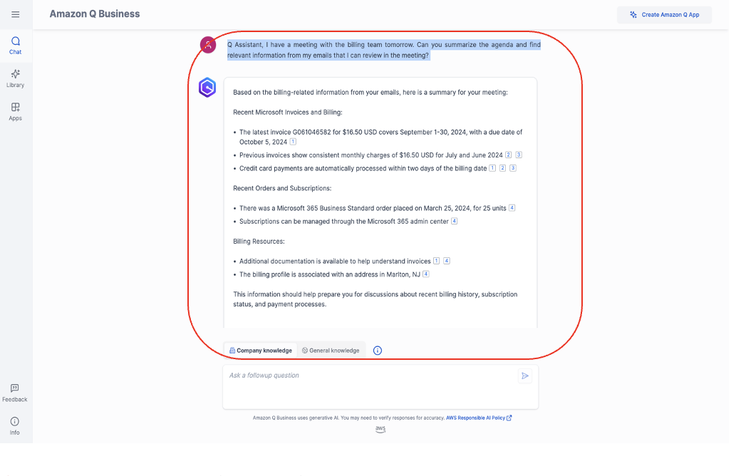 Hyperedge- , PCB Design, Hardware Design, Electronics Design, Amazon Q chat interface showing billing meeting summary with Microsoft invoice details