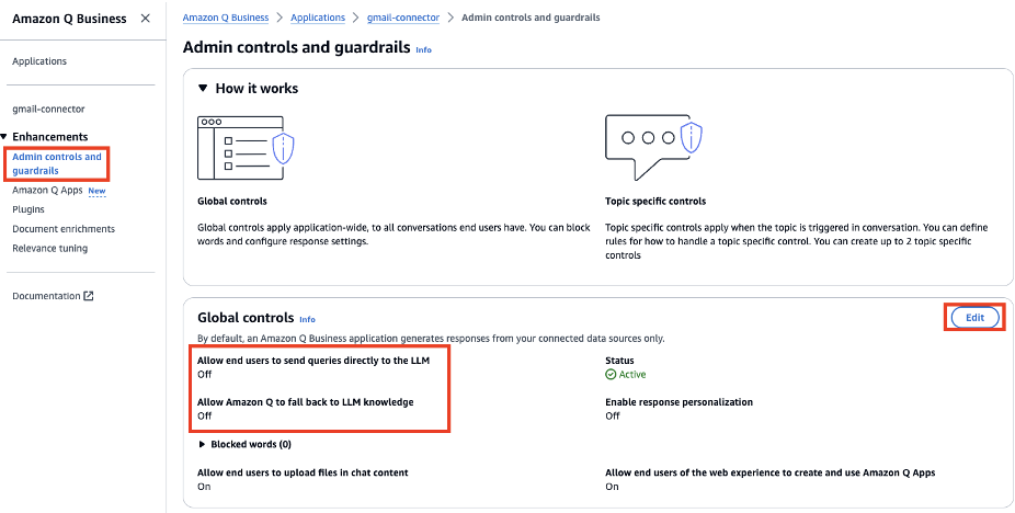 Hyperedge- , PCB Design, Hardware Design, Electronics Design, Amazon Q Business admin controls interface showing global and topic-specific settings