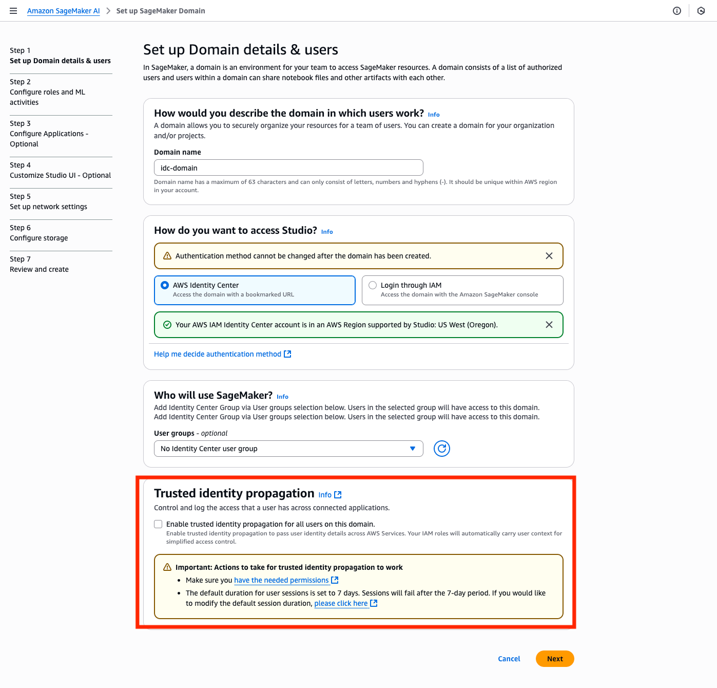 screenshot of a create domain workflow