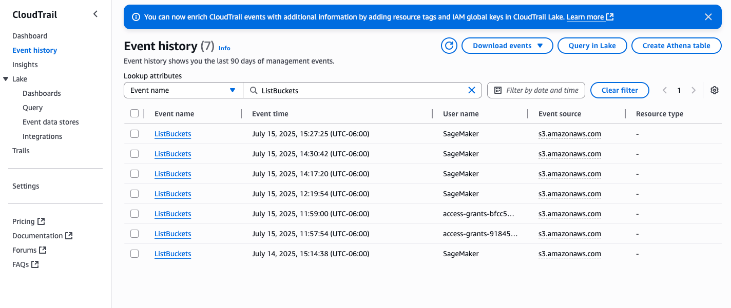 screenshot showing list of cloudtrail events
