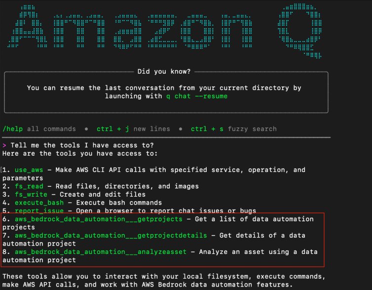 Hyperedge- , PCB Design, Hardware Design, Electronics Design, Interactive AWS terminal interface showing Q CLI, MCP and Bedrock Data Automation project management and analysis capabilities