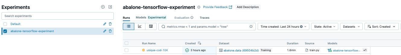 Hyperedge- , PCB Design, Hardware Design, Electronics Design, MLflow dashboard with abalone-tensorflow experiment status, metrics, and dataset tracking