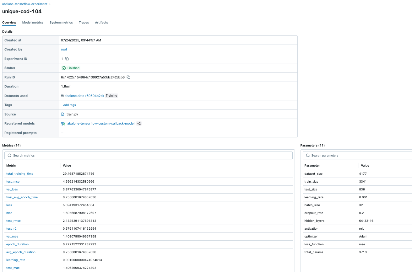 Hyperedge- , PCB Design, Hardware Design, Electronics Design, Detailed MLflow run overview showing experiment metrics, neural network parameters, and performance statistics for abalone-tensorflow model