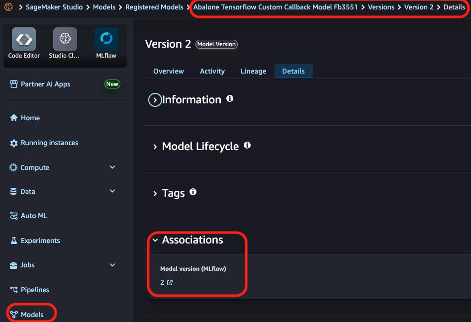 Hyperedge- , PCB Design, Hardware Design, Electronics Design, SageMaker Studio interface showing Abalone TensorFlow model version 2 details with MLflow integration