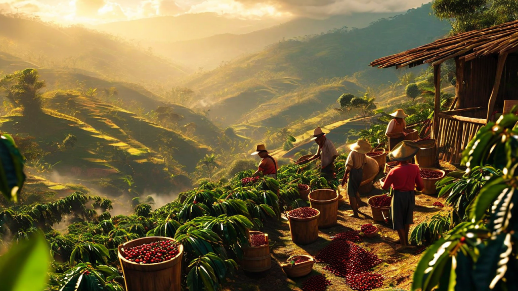 Hyperedge- , PCB Design, Hardware Design, Electronics Design, Traditional coffee harvesting in mountainous terrain, showing filled baskets of fresh cherries amid morning light and rolling landscape