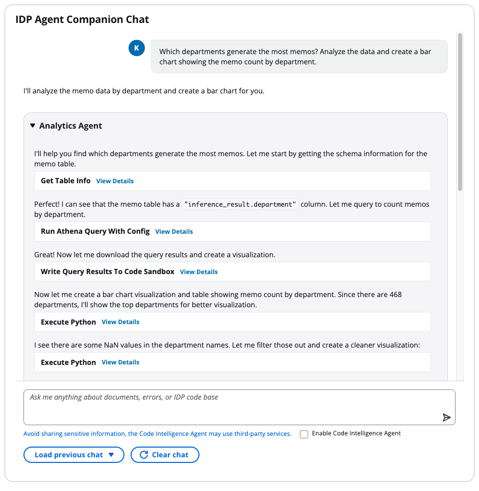 Chat interface showing Analytics Agent workflow with four processing steps for analyzing department memo data