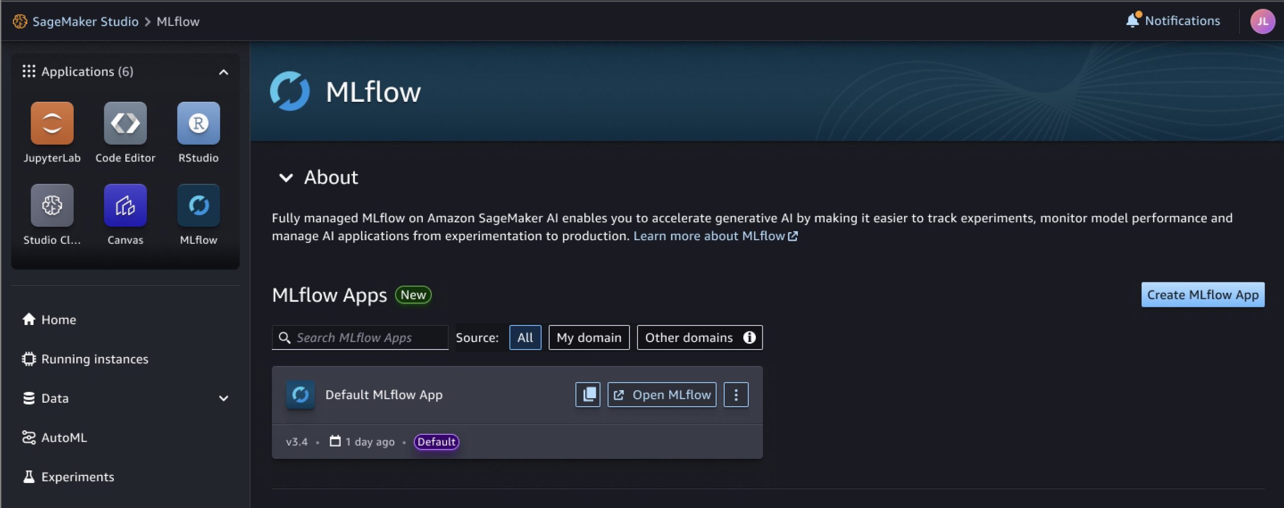Figure 2: MLflow App in SageMaker Studio Console