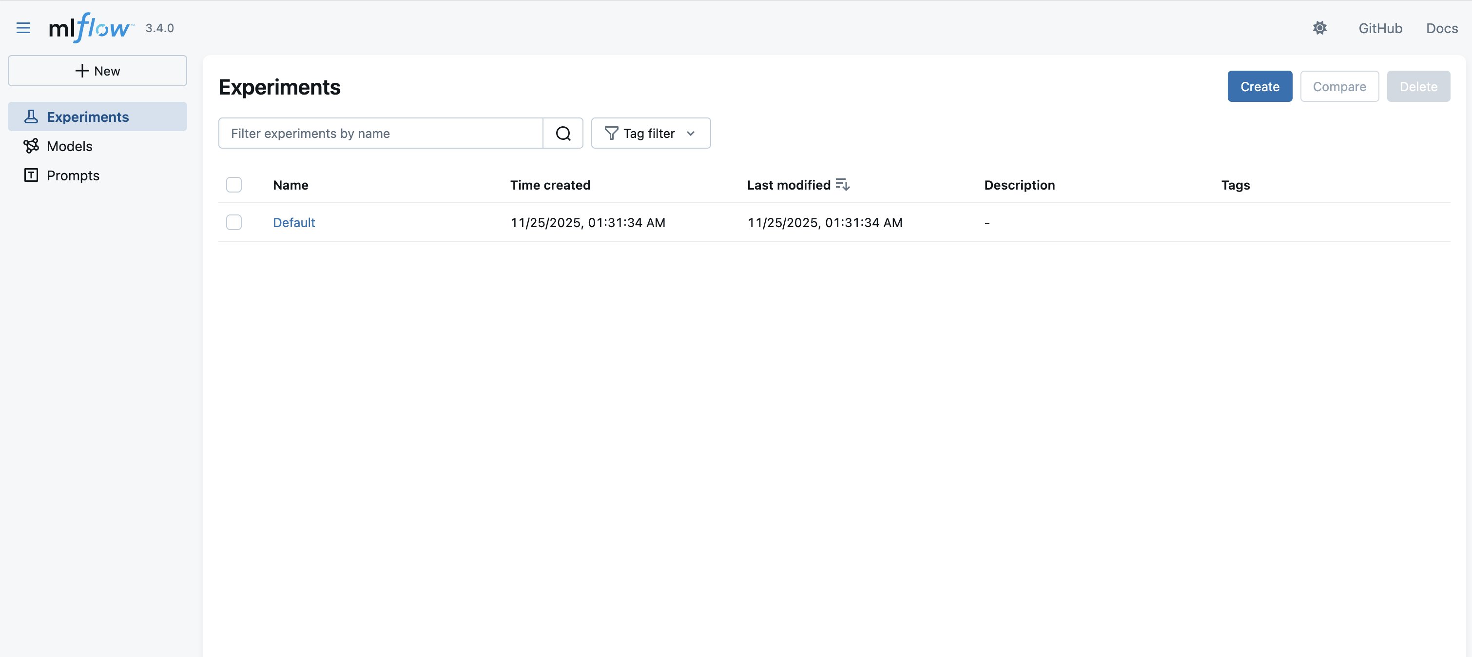 Figure 3: MLflow user interface, landing page