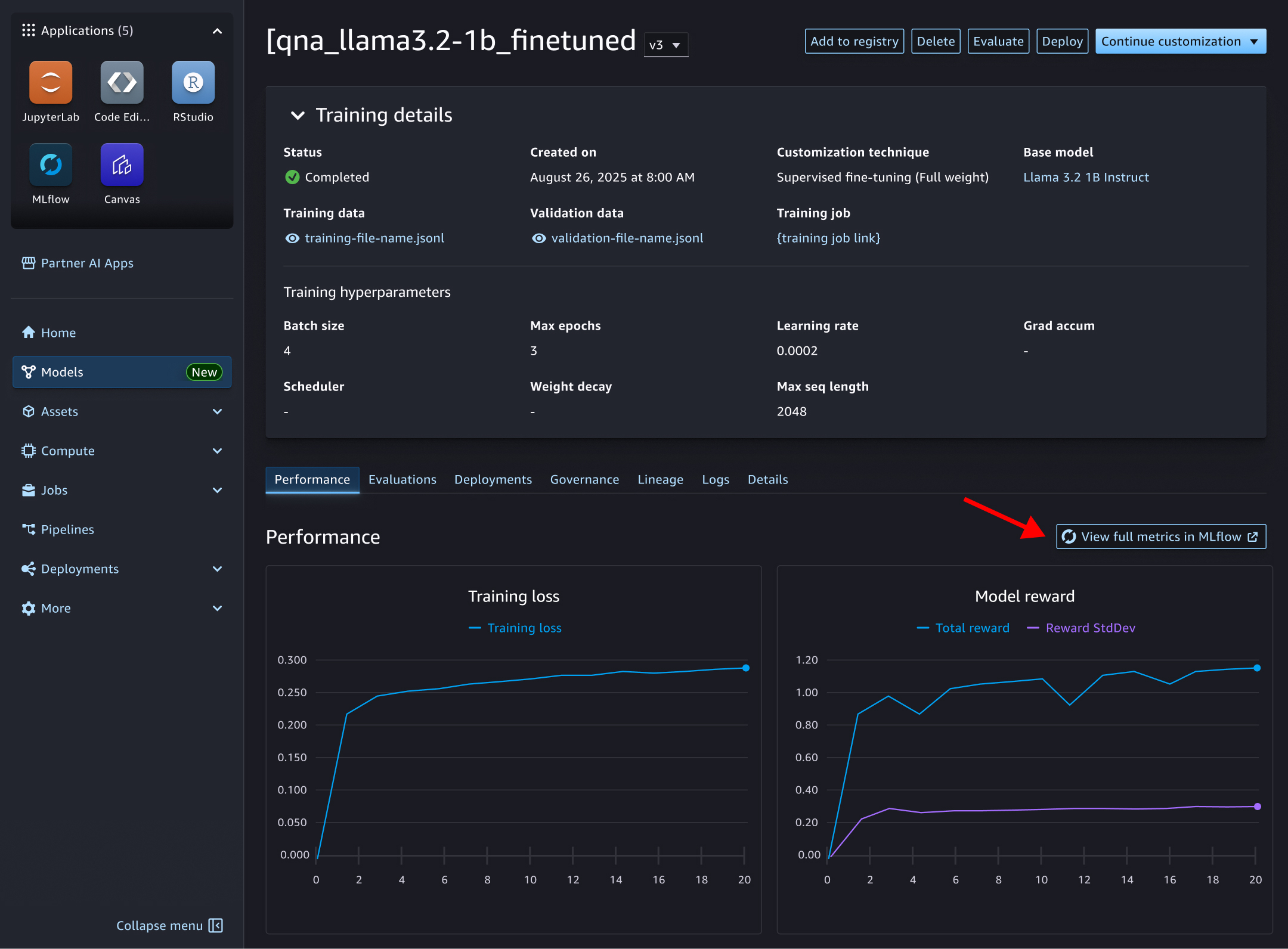 View full metrics in MLflow