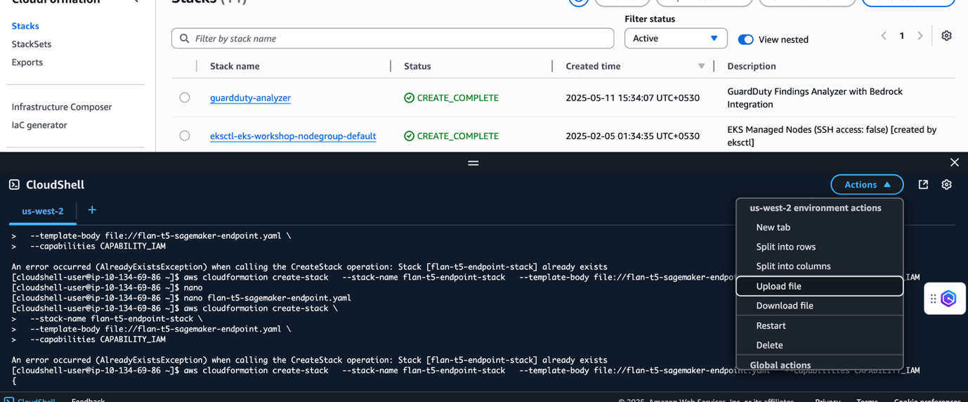 Hyperedge- , PCB Design, Hardware Design, Electronics Design, AWS CloudShell terminal window displaying context menu with Upload file option highlighted among other actions
