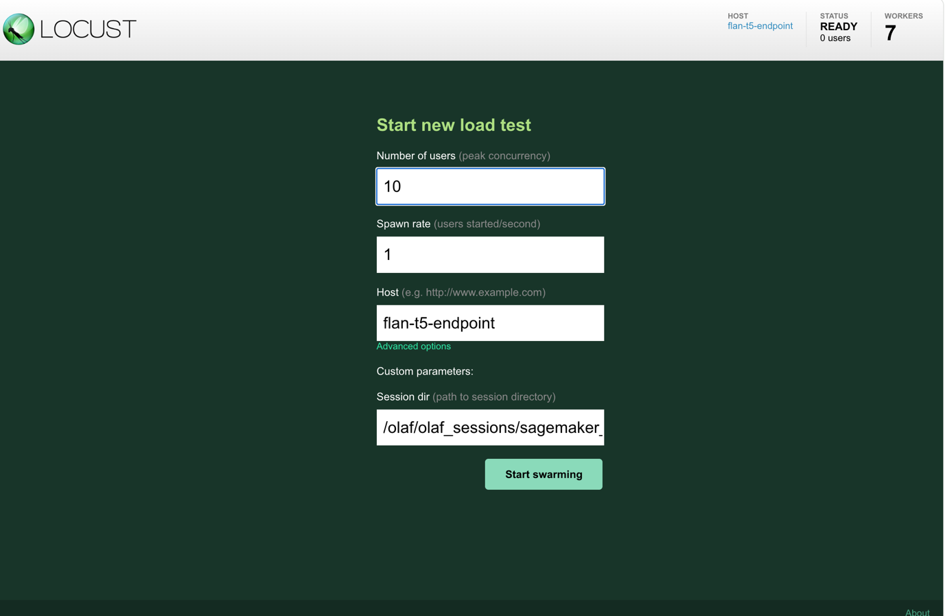 Hyperedge- , PCB Design, Hardware Design, Electronics Design, OLAF Locust interface configured for SageMaker endpoint load testing with 10 users and custom parameters
