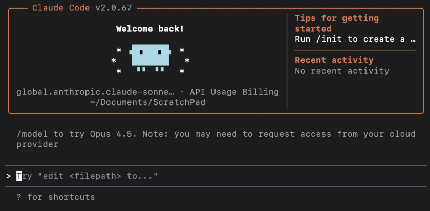 Hyperedge- , PCB Design, Hardware Design, Electronics Design, Welcome screen for Claude Code v2.0.67 development environment featuring a dark theme with orange accent colors. The interface displays a "Welcome back!" greeting with an ASCII art blue robot mascot, a "Tips for getting started" section recommending the /init command, a "Recent activity" panel showing no recent activity, and a command line area at the bottom with information about the Opus 4.5 model and available shortcuts.