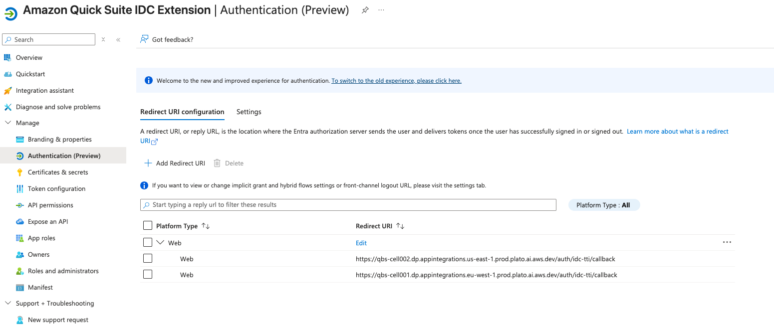 Hyperedge- , PCB Design, Hardware Design, Electronics Design, Amazon Quick IDC Extension Authentication configuration panel showing the Redirect URI configuration tab with two Web-type callback URLs for AWS regions us-east-1 and eu-west-1.