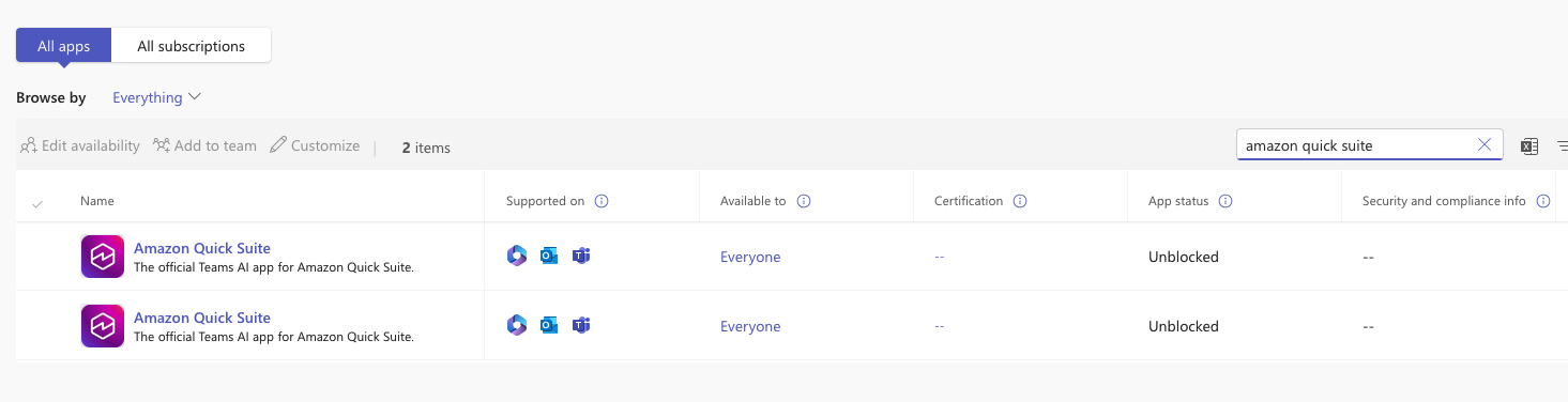 Hyperedge- , PCB Design, Hardware Design, Electronics Design, Microsoft Teams admin center app management table showing two Amazon Quick entries available to "Everyone" with "Unblocked" status, filtered by search query "amazon quick".