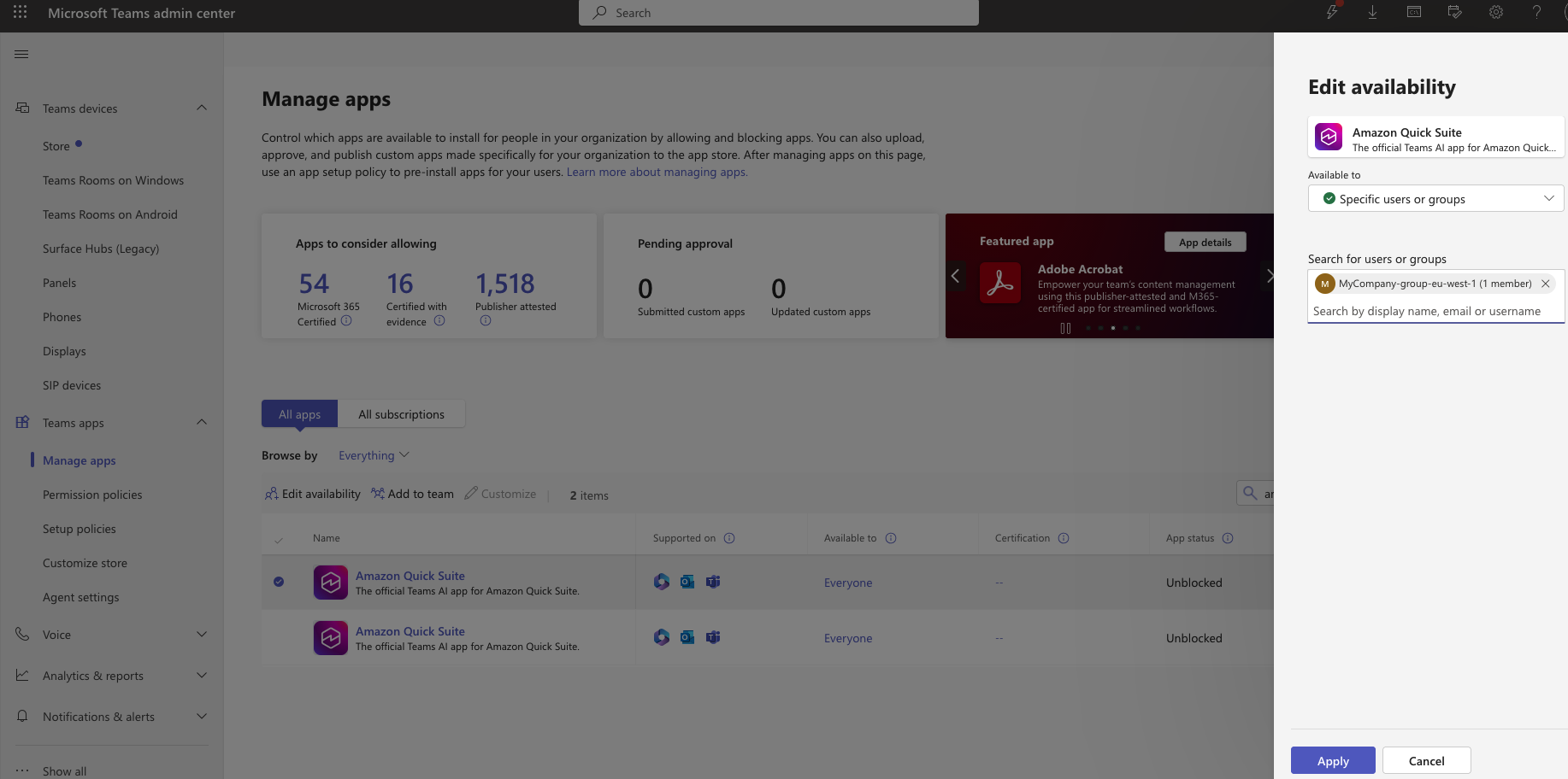 Hyperedge- , PCB Design, Hardware Design, Electronics Design, Microsoft Teams admin center Manage Apps page showing two Amazon Quick app entries with "Unblocked" status, and Edit availability side panel open with "Specific users or groups" selected and MyCompany-group-eu-west-1 (1 member) configured.