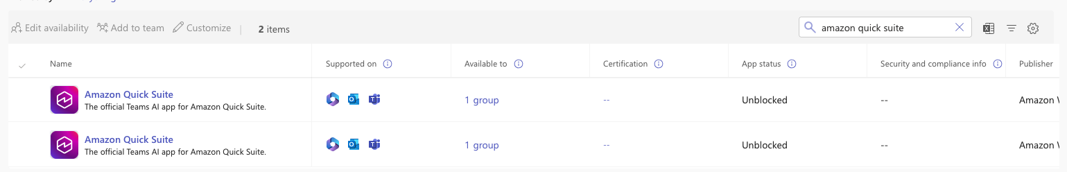 Hyperedge- , PCB Design, Hardware Design, Electronics Design, Microsoft Teams admin center Manage Apps search results showing two Amazon Quick app entries, both unblocked and available to 1 group, supported on multiple Microsoft platforms, published by Amazon.