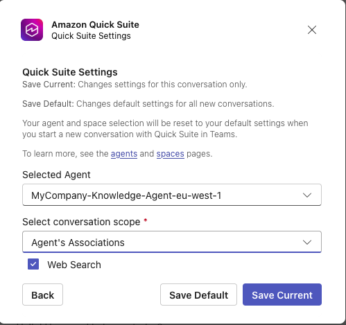 Hyperedge- , PCB Design, Hardware Design, Electronics Design, Amazon Quick Settings dialog showing selected agent "MyCompany-Knowledge-Agent-eu-west-1", conversation scope set to "Agent's Associations", Web Search enabled, with Back, Save Default, and Save Current action buttons.